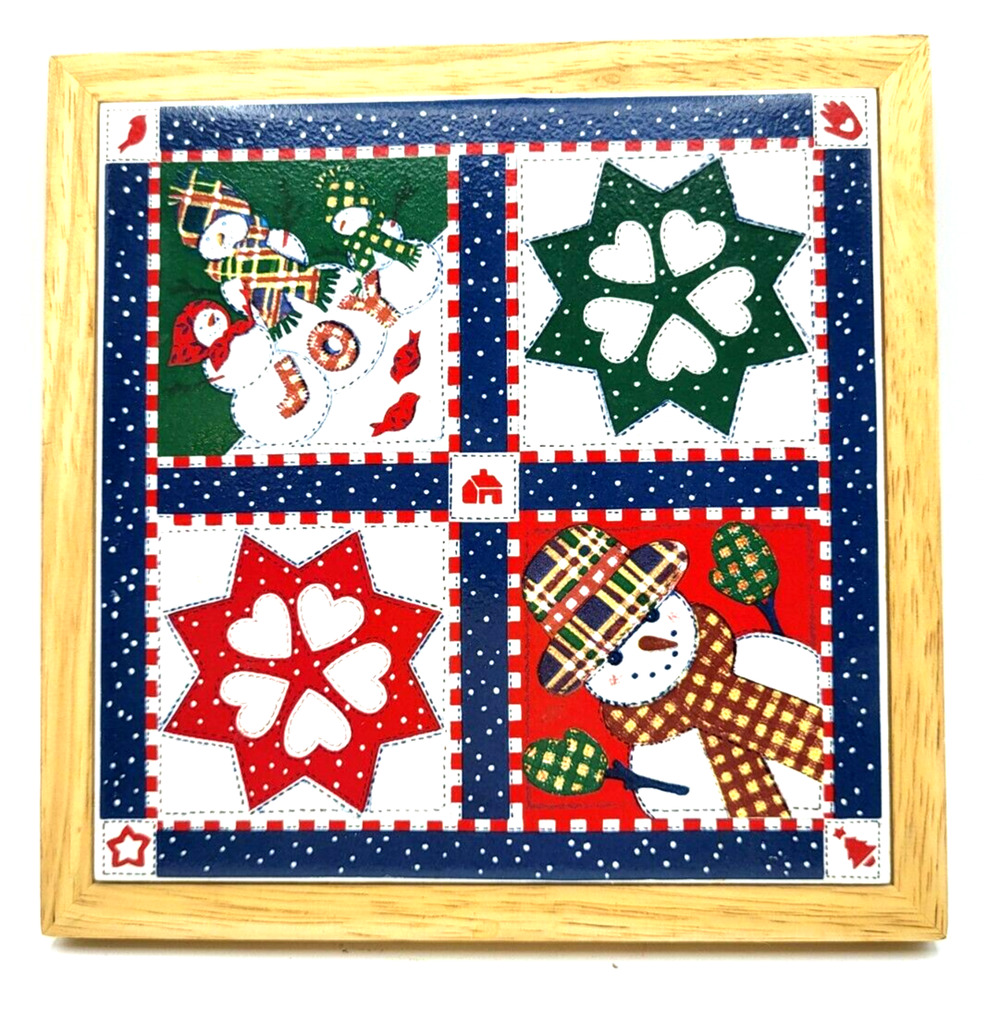 Christmas Quilt Ceramic Tile Trivet Snowmen Snowflakes Wood Frame HALLMARK 7x7"